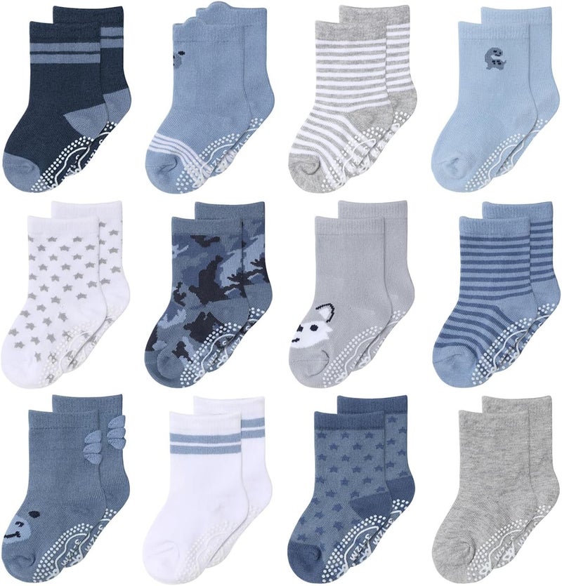 The Peanut Shell Organic Baby Boy Socks 0-24 Months Set of 12 - Non-Slip Grip, Soft Cotton Newborn & Toddler Socks - Blue Gray - Image 1